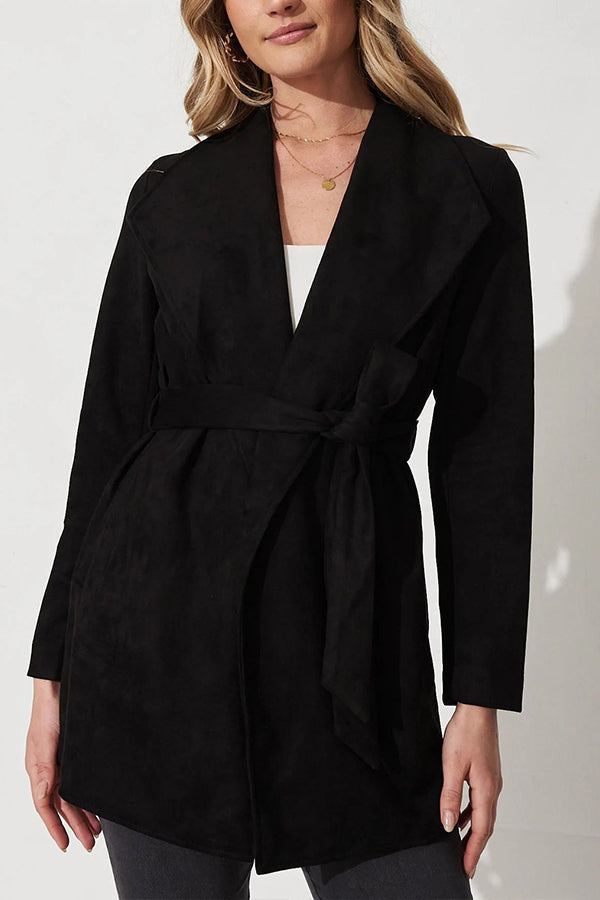 Solid color suit cardigan large lapel suede long-sleeved jacket Black