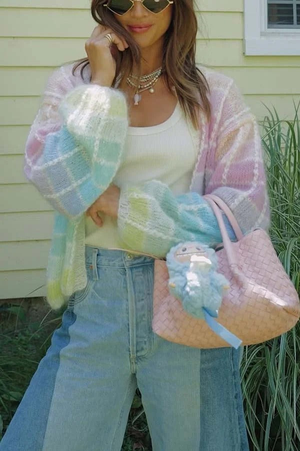 Palette Day – Lockere Strickjacke mit Farbblöcken und offener Vorderseite und Ballonärmeln
