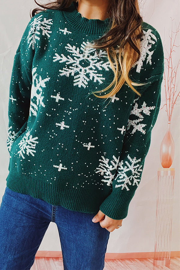 Christmas Pattern Knitted Crew Neck Long Sleeved Sweater Green