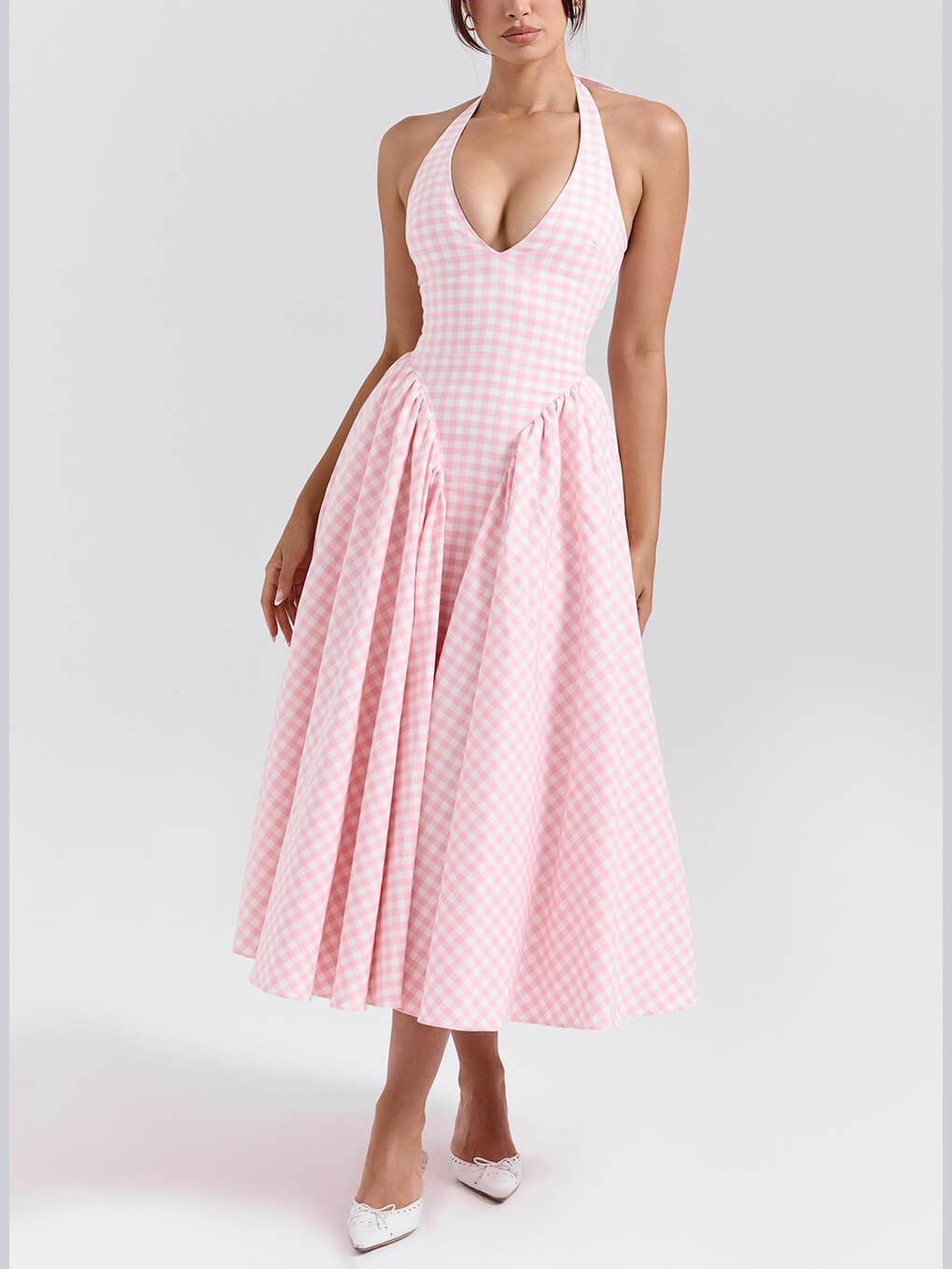 Robe mi-longue à carreaux élégante et rétro avec col en V profond