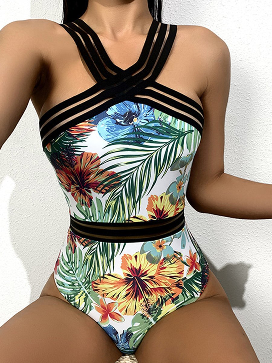 Sheer Stripe Print One Piece Swimsuit Blue