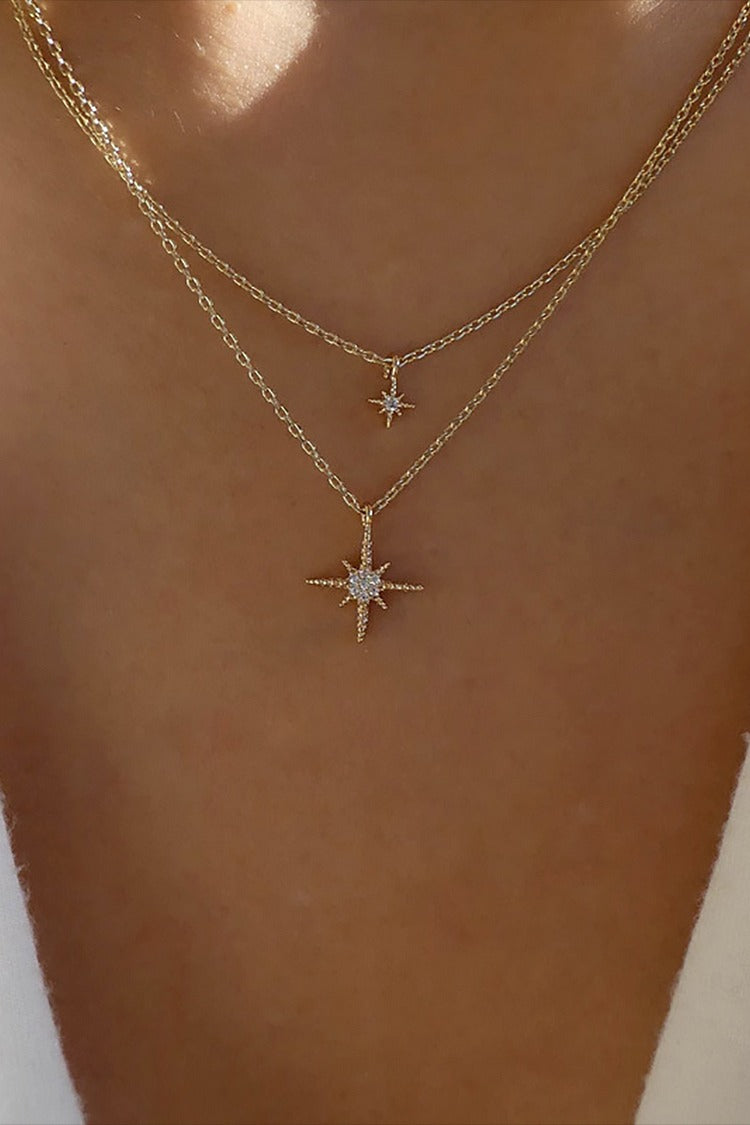 Rhinestone Star Pendants Layered Versatile Fashionable Necklace Gold one size
