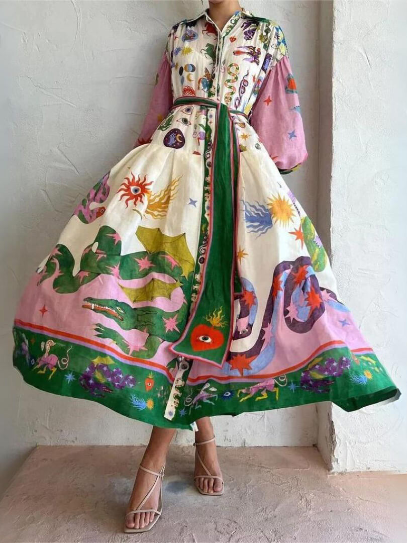 Robe mi-longue à manches longues et imprimé rétro, unique et magnifique