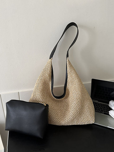 Woven Straw Beach Bag Black ONE SIZE