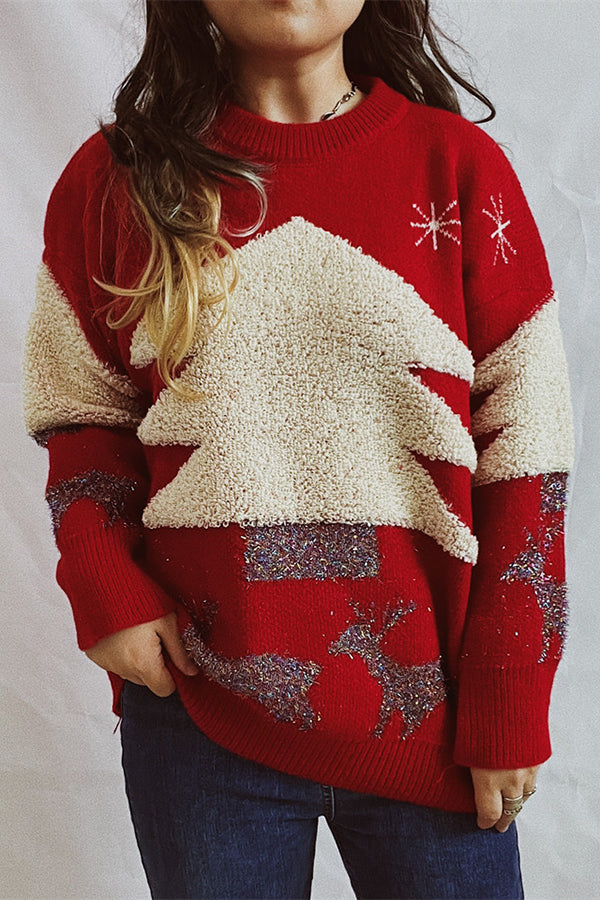 Christmas Pattern Knitted Crew Neck Long Sleeved Sweater Red