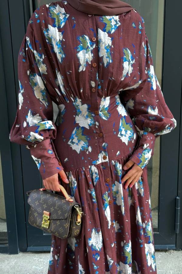 Burgundy Floral Print Elegant Maxi Dress