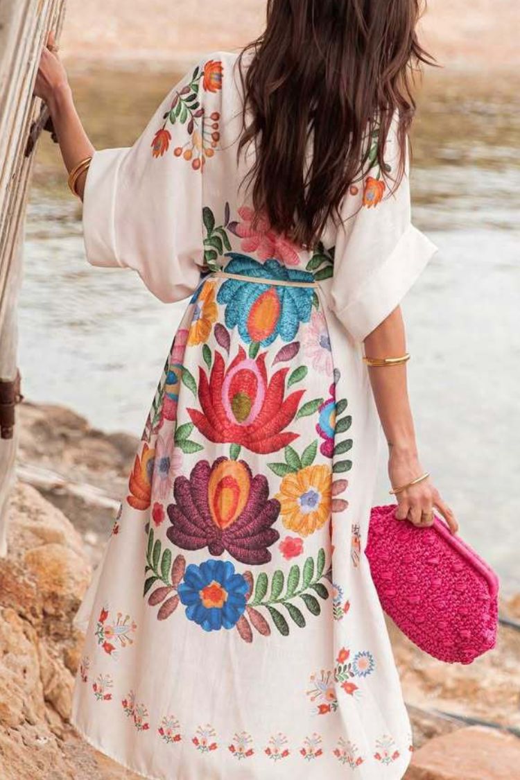 Plant Print Lapel Short Sleeve Waist Tie Loose Vacation Midi Dress