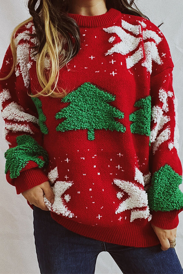 Christmas Pattern Knitted Crew Neck Long Sleeved Sweater Red