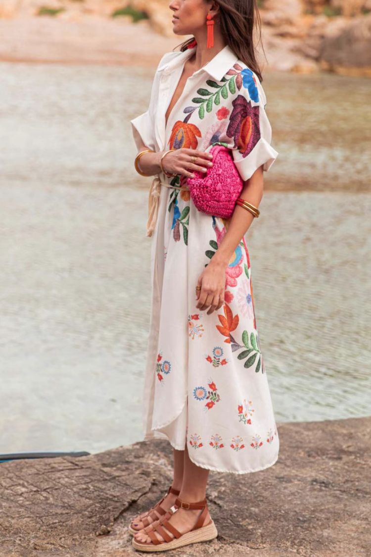 Plant Print Lapel Short Sleeve Waist Tie Loose Vacation Midi Dress