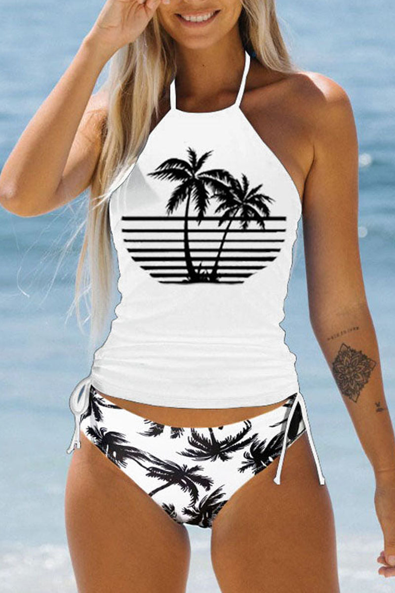 Women's Tropical Plants Print Two Piece Swimwear White