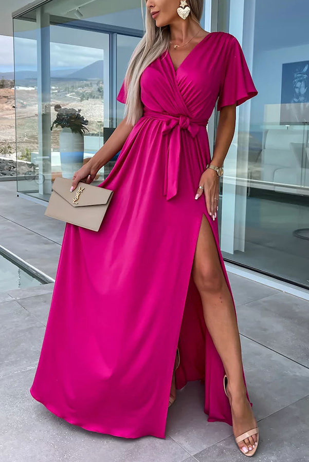 Call Me Confident Glitter Fabric Belted Slit Maxi Dress Pink