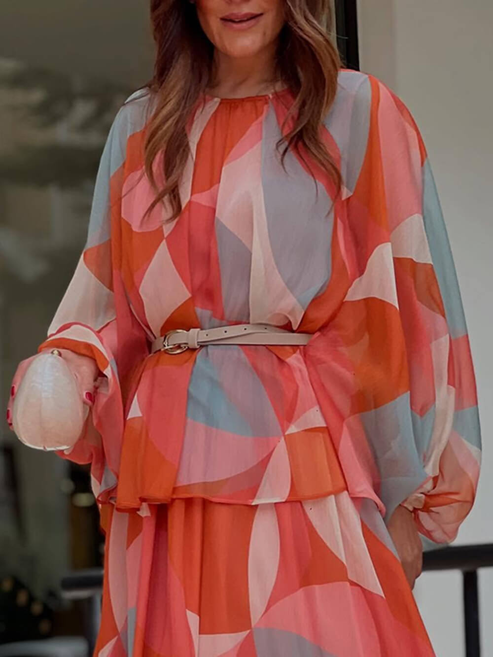 Classic Geometric Print Lantern Sleeve Patchwork Blouse