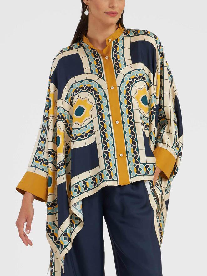 Einzigartiges, unregelmäßiges Oberteil mit Retro-Blumendruck und Stehkragen