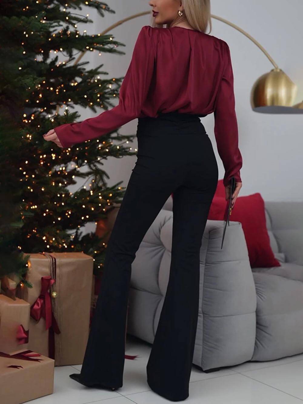 Elegantes Langarmhemd aus Satin mit V-Ausschnitt und Blumenverzierung