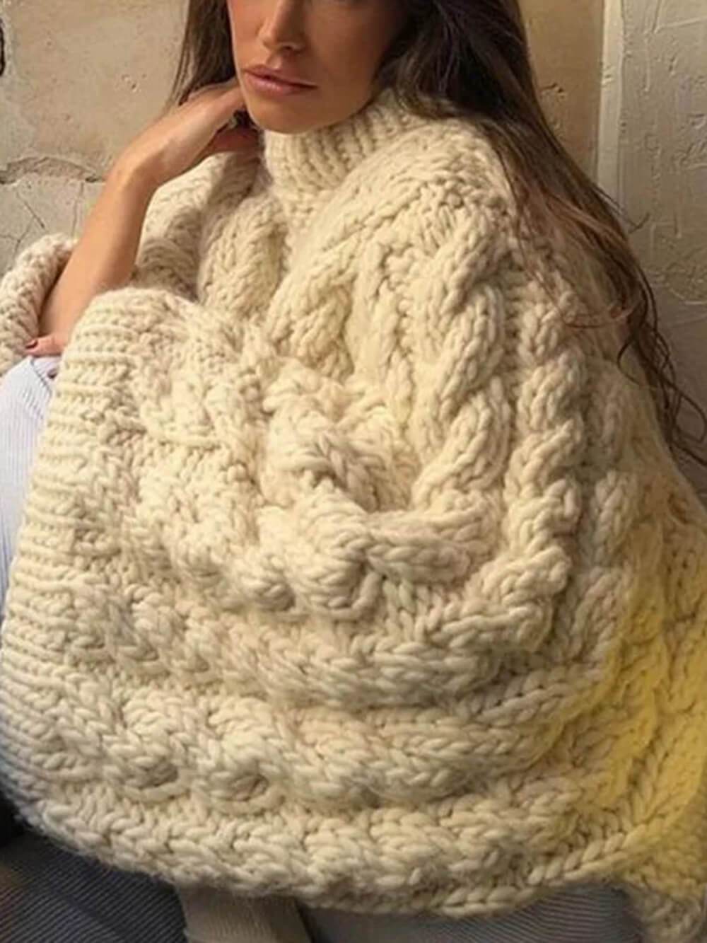 Lässiger und vielseitiger süßer Pullover mit Trompetenärmeln und Zopfmuster