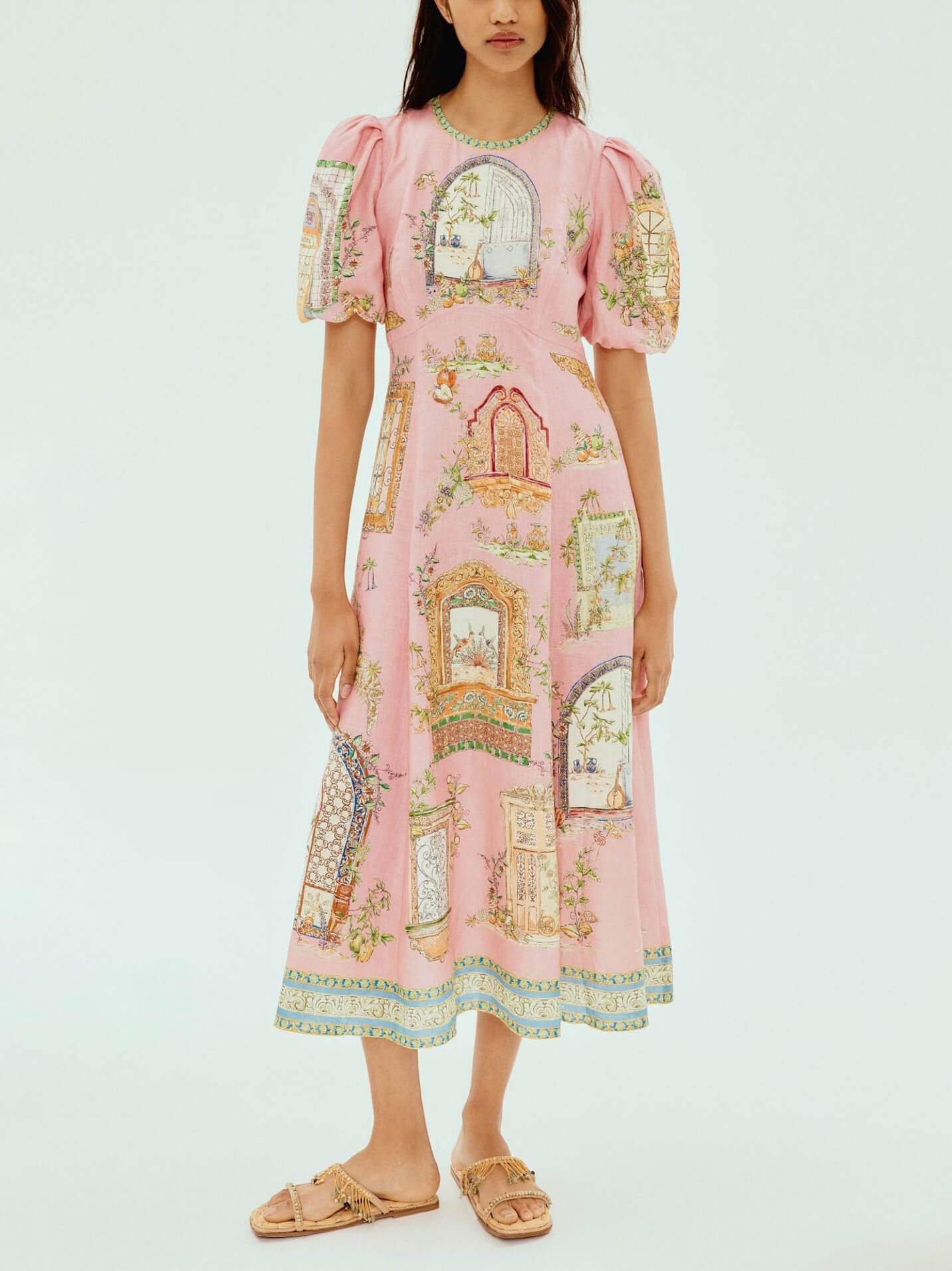 Robe mi-longue trapèze à manches bouffantes et imprimé jardin exquis