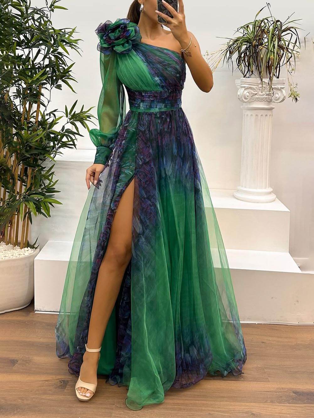 Robe longue décontractée exquise à épaules dénudées et imprimé en maille