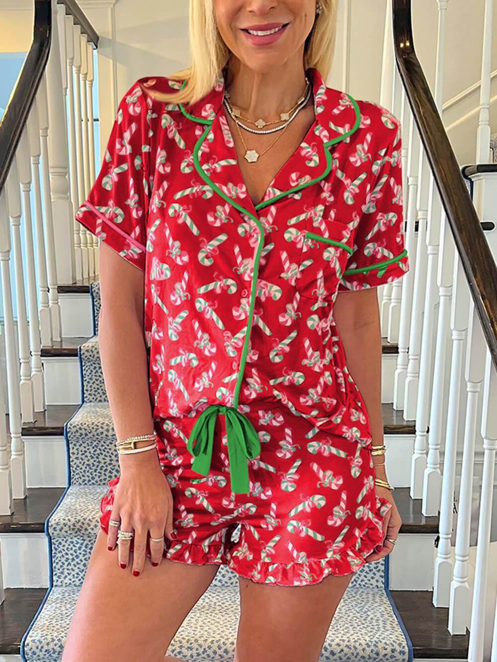 Ensemble de pyjama à volants et poches à imprimé cannes de Noël