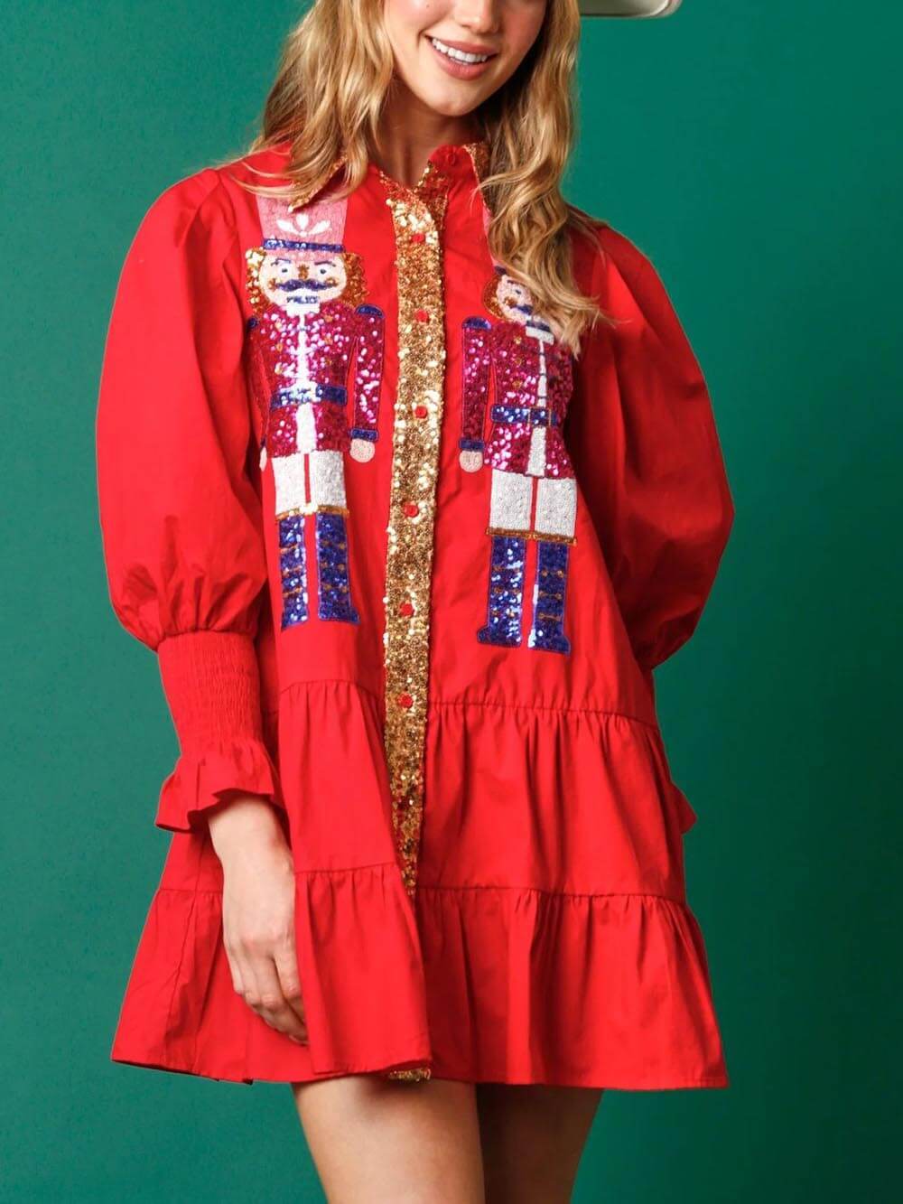 Weihnachts-Minikleid mit Revers und Kontrast-Langarm und Pailletten