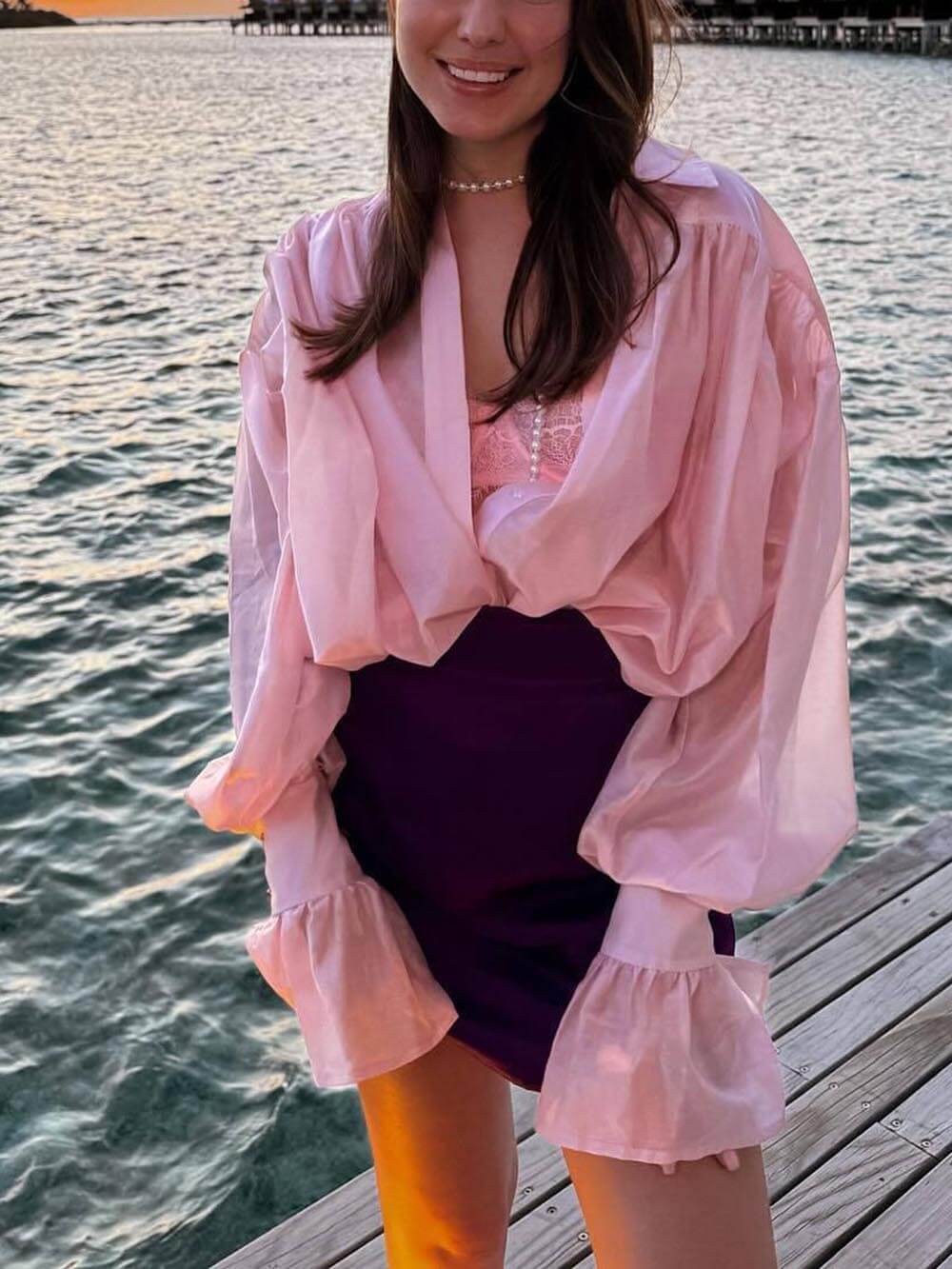 Chemise ample à manches lanternes et revers, douce et fraîche