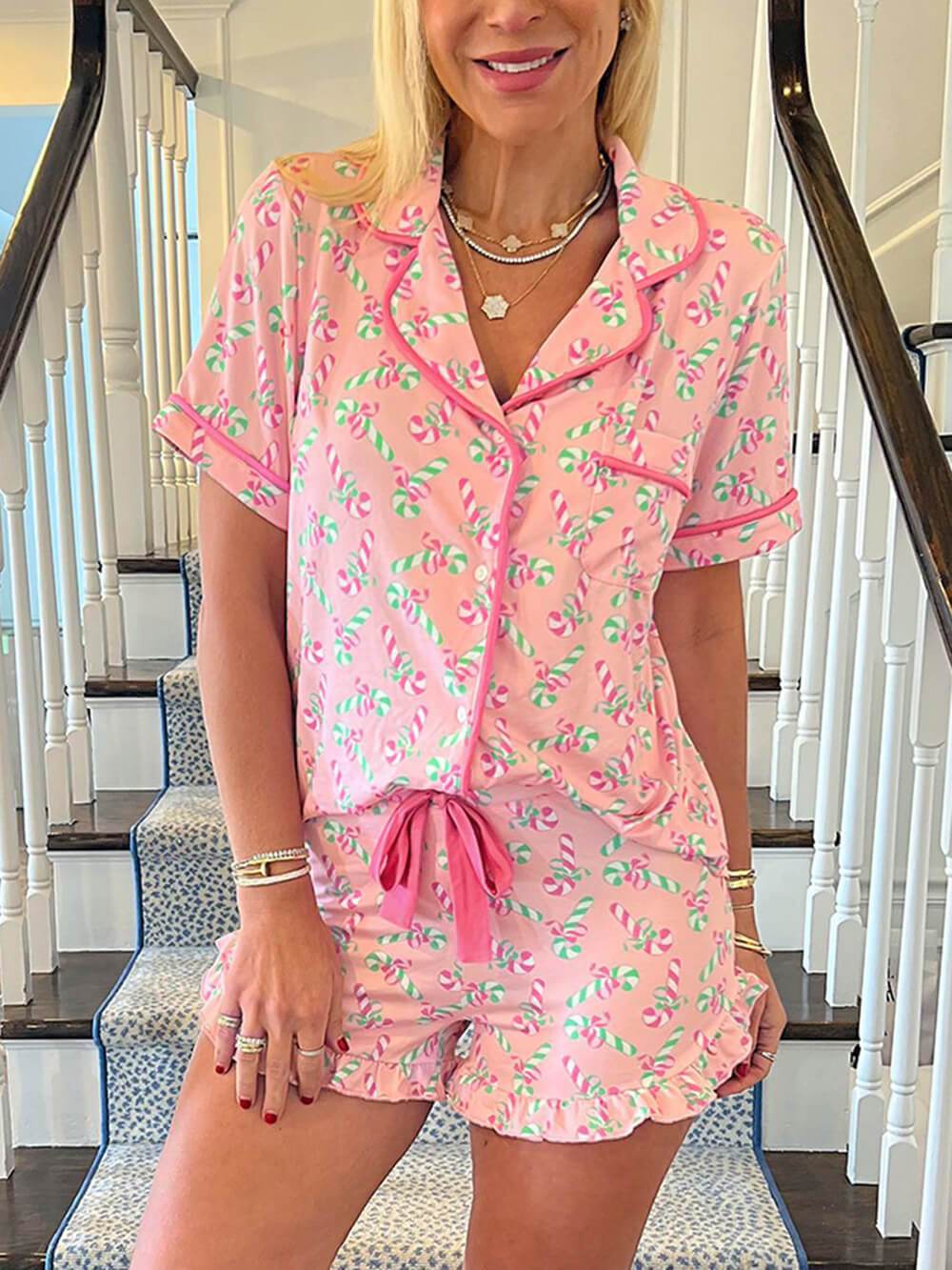 Ensemble de pyjama à volants et poches à imprimé cannes de Noël