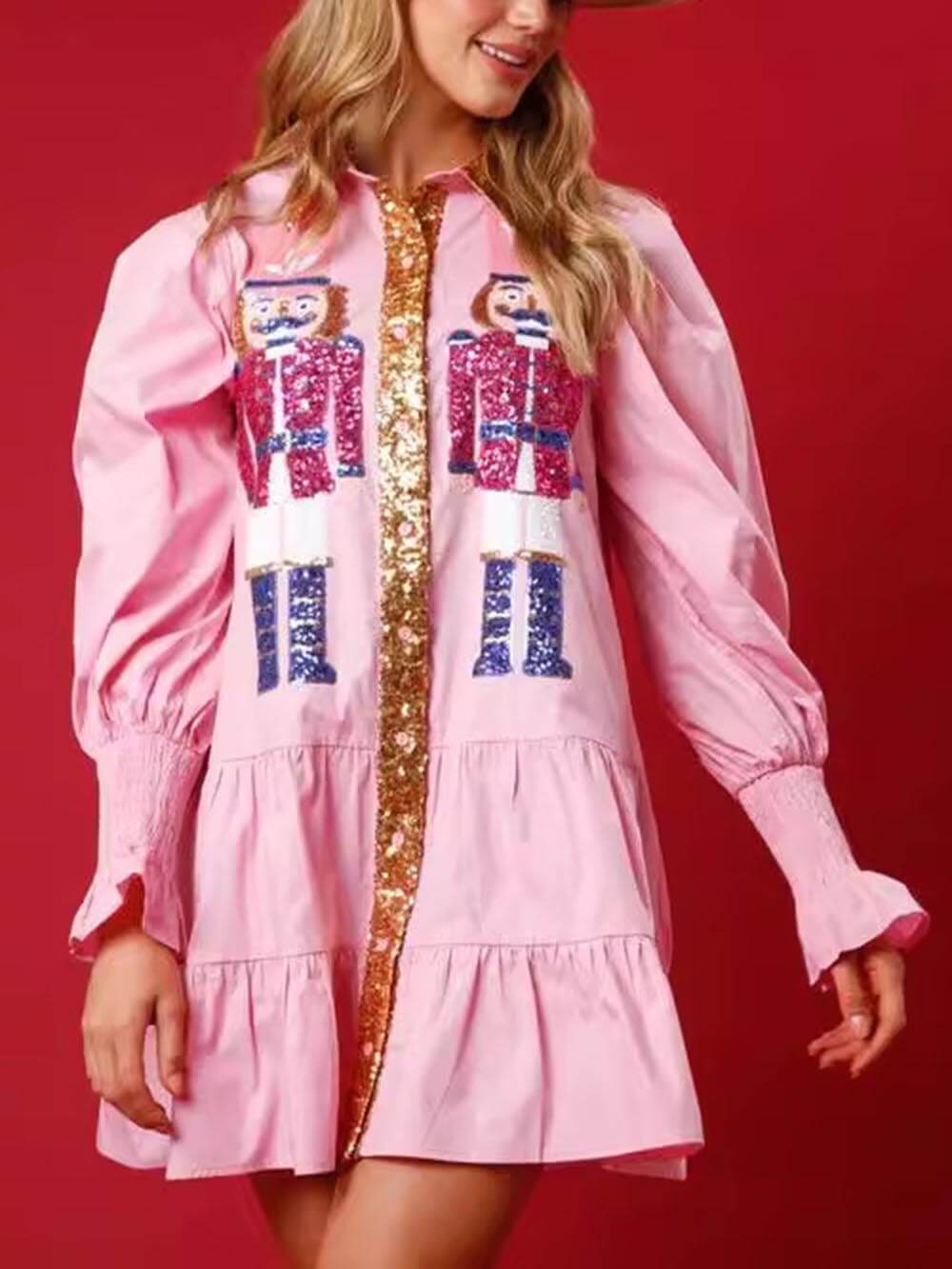 Weihnachts-Minikleid mit Revers und Kontrast-Langarm und Pailletten