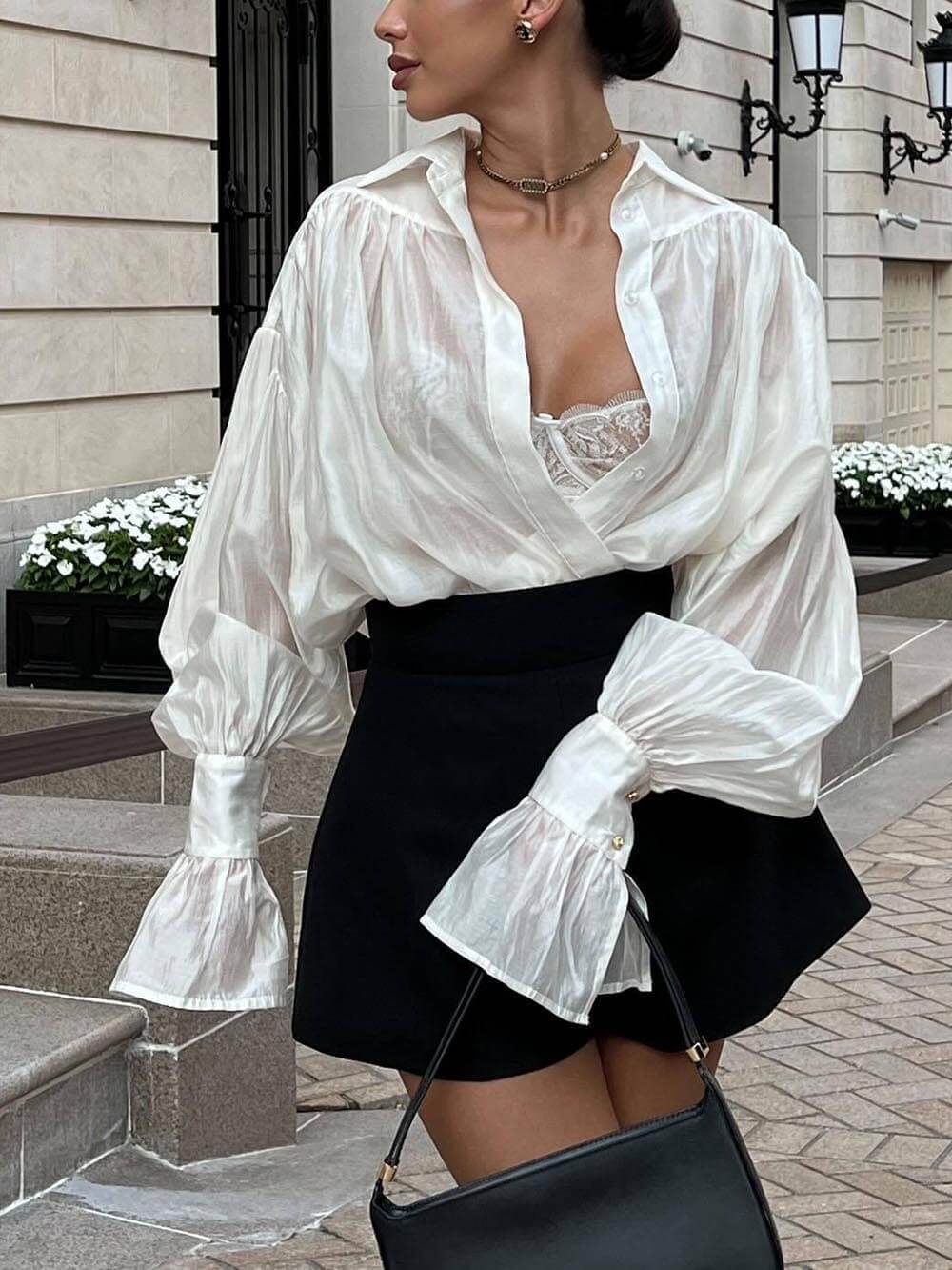 Chemise ample à manches lanternes et revers, douce et fraîche