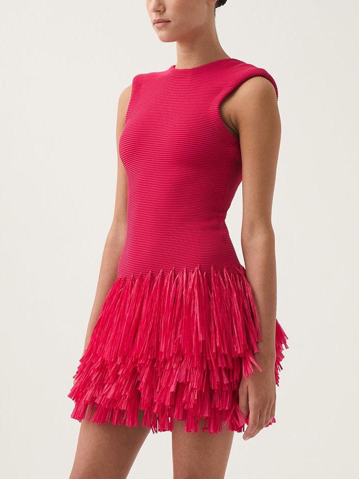 Elegantes Minikleid aus Raffia-Strick mit Fransen