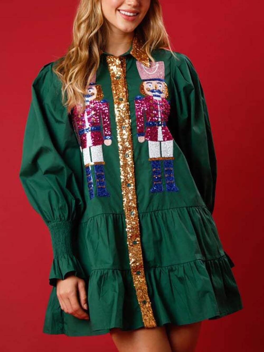 Weihnachts-Minikleid mit Revers und Kontrast-Langarm und Pailletten