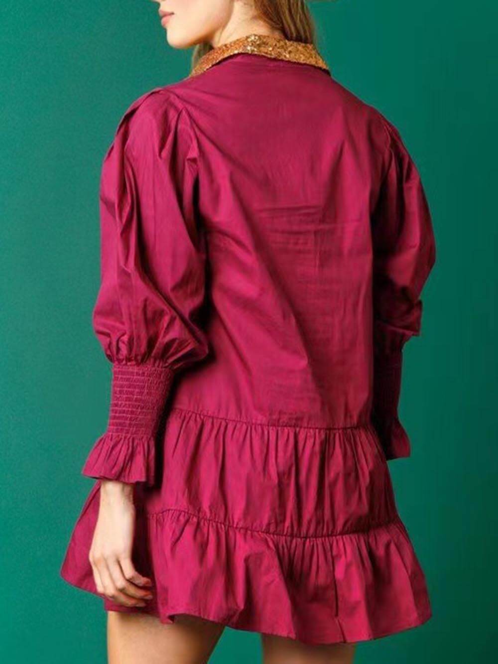 Weihnachts-Minikleid mit Revers und Kontrast-Langarm und Pailletten