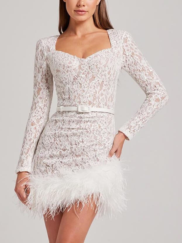 Elegantes, sexy Minikleid aus Spitze mit Pelz