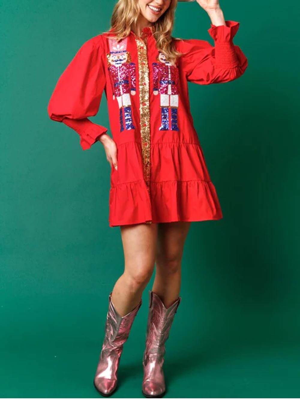 Weihnachts-Minikleid mit Revers und Kontrast-Langarm und Pailletten