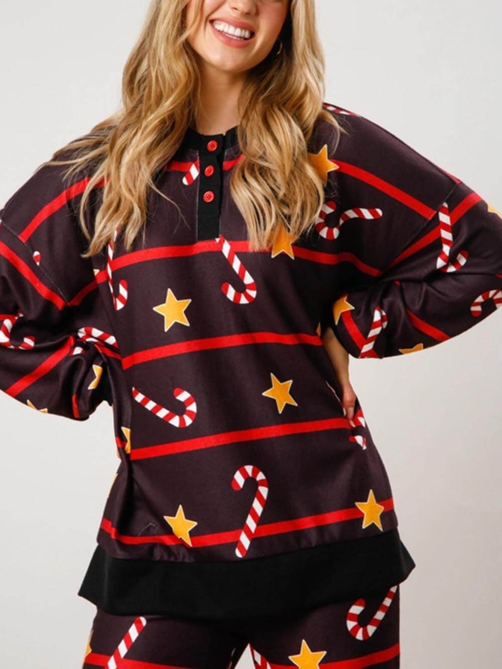 Ensemble de vêtements d'intérieur à manches longues et boutons, imprimé flocon de neige et canne de Noël