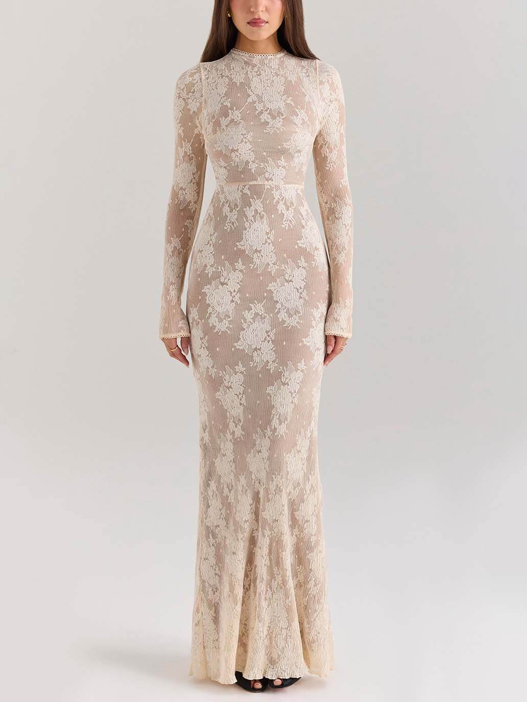 Elegantes, sexy, schmales Maxikleid mit Fischschwanz aus Spitze