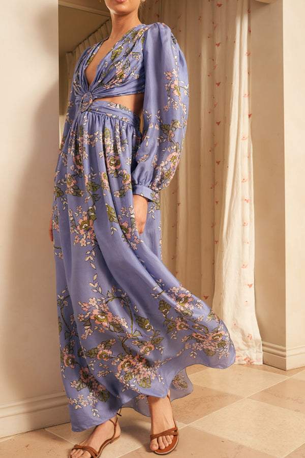 Robe longue ajourée à imprimé floral exquis