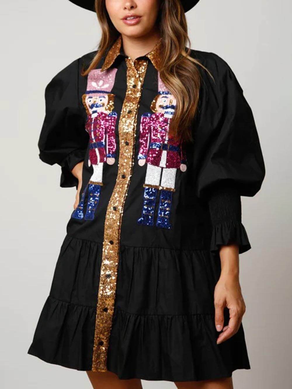 Weihnachts-Minikleid mit Revers und Kontrast-Langarm und Pailletten