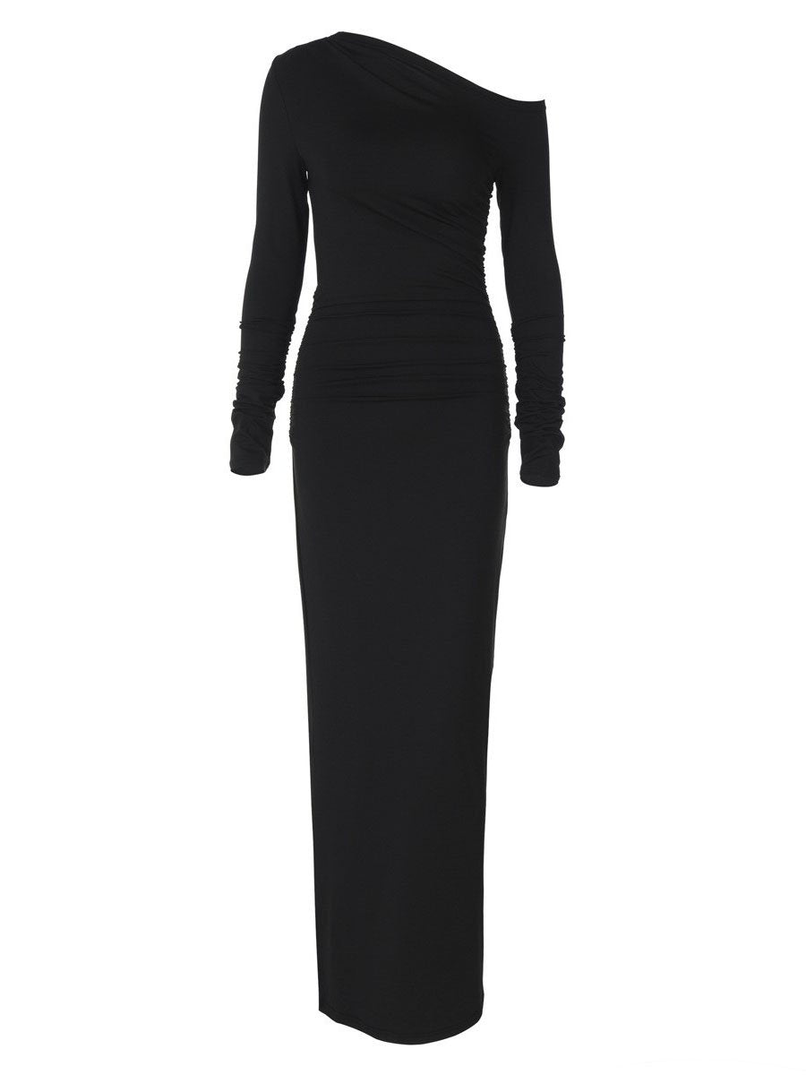 Einfarbiges, schulterfreies, langärmeliges Maxikleid