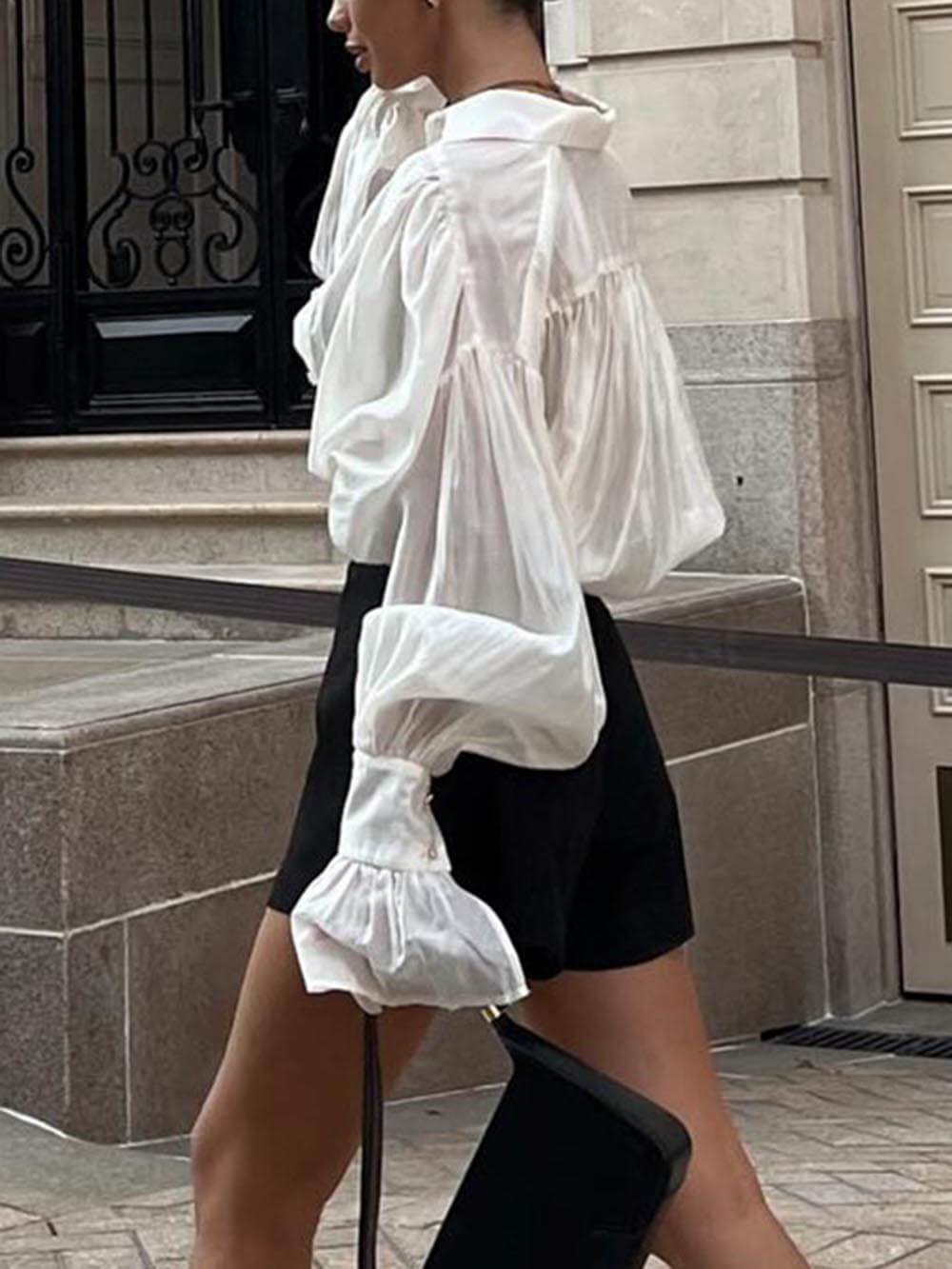Chemise ample à manches lanternes et revers, douce et fraîche