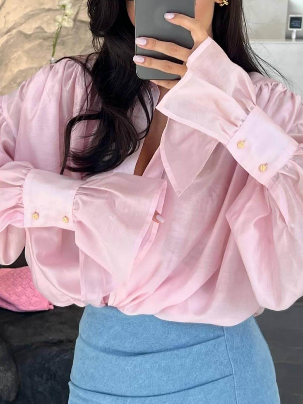 Chemise ample à manches lanternes et revers, douce et fraîche