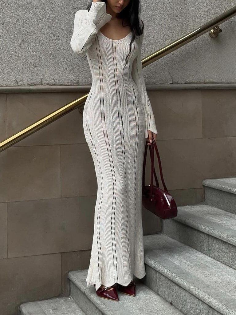 Robe longue de vacances en tricot de couleur unie ajourée