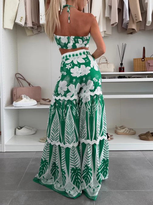 Ensemble deux pièces décontracté à imprimé floral avec haut noué et pantalon large