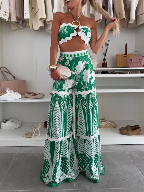 Ensemble deux pièces décontracté à imprimé floral avec haut noué et pantalon large