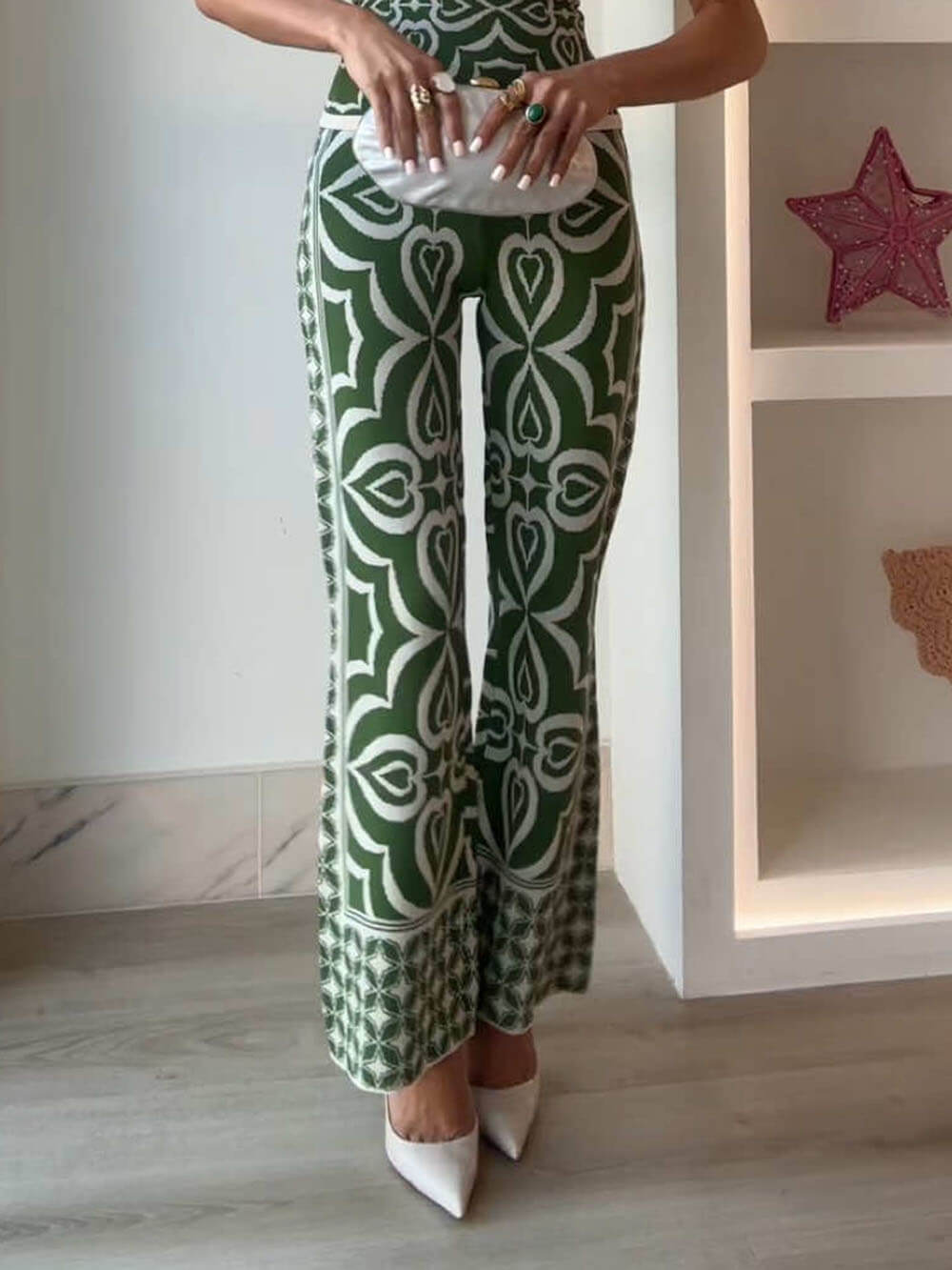 Slim-Fit-Hose aus Stretch-Strick-Jacquard mit Kachelmuster im Frühlings-Look