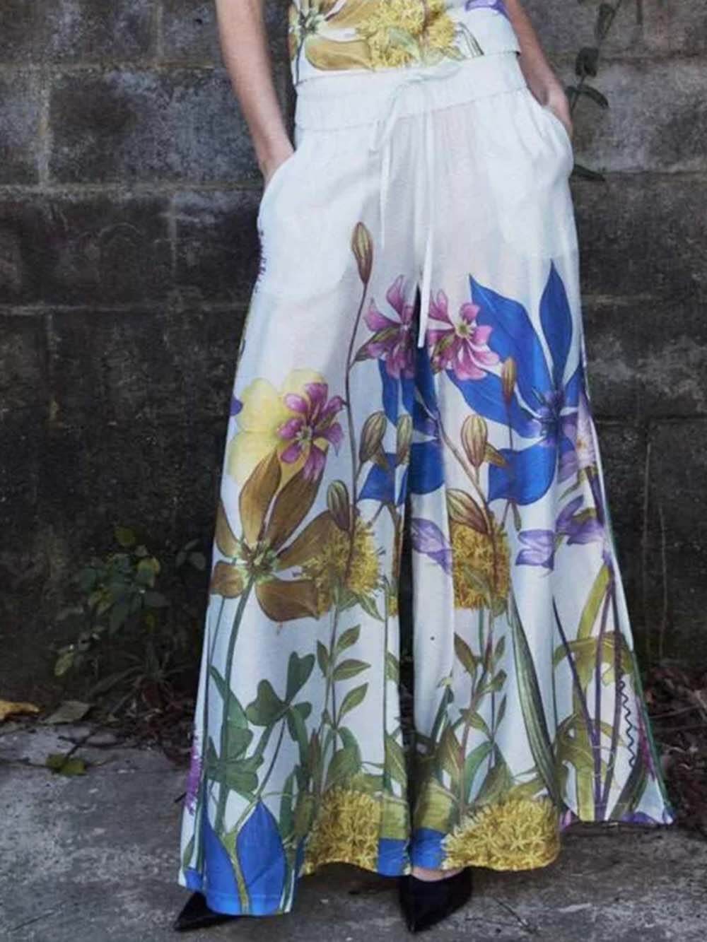Unique Garden Print Elastic Waist Wide-Leg Pants