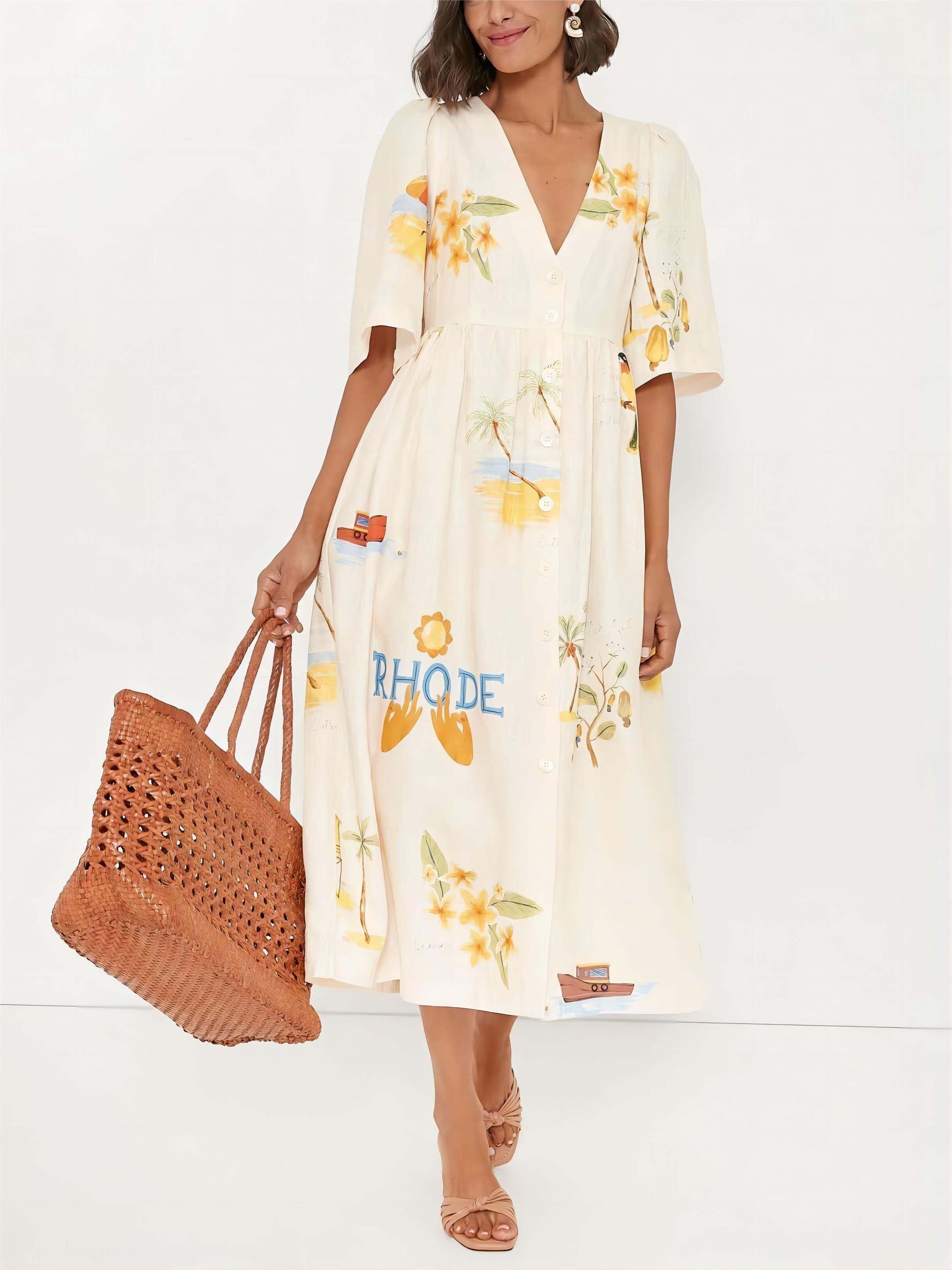 Robe mi-longue à manches bouffantes et imprimé floral folklorique unique pour les fêtes