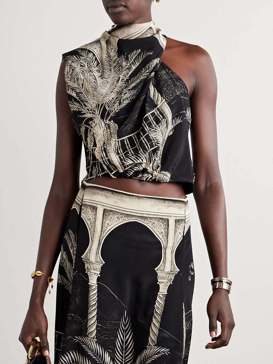 Tropical Palm Leaf Print One-shoulder Tank Top