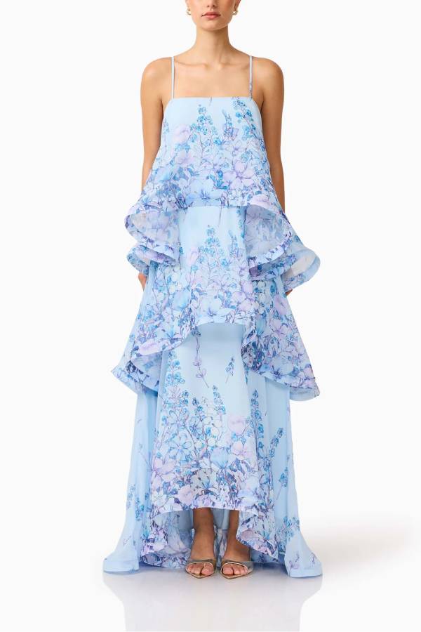 Floral Print Tiered Ruffle Maxi Slip Dress