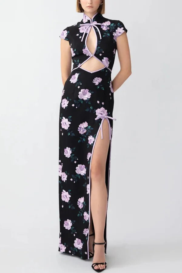 Lavender Flower Print Cutout Bow Details Thigh-high Slit Cheongsam Maxi Dress