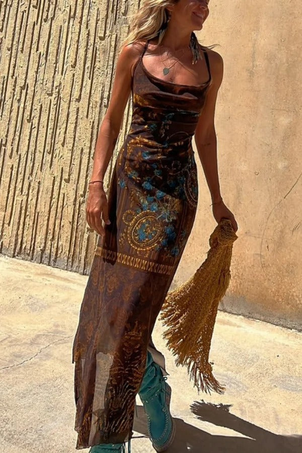 Gypsy Style Unique Print Cowl Neck Back Lace-up Slit Midi Dress Brown