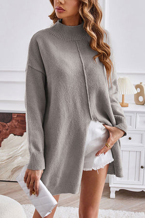 Solid color half turtleneck pullover sweater fashionable mid-length slit dress Grey